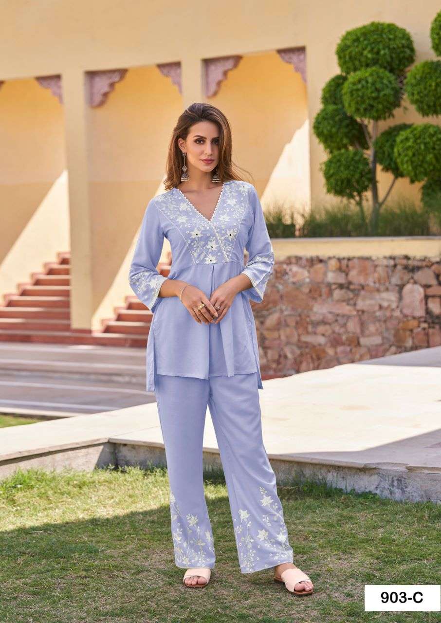 VINTAGE SILVER HEAVY RAYON SUPER HIT CO-ORD SET WITH WHITE EMBROIDERY WORK BY S3FOREVER BRAND 903 C